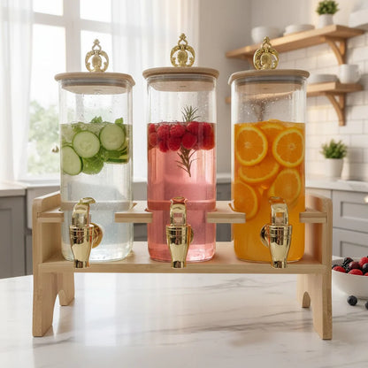Luxury 3-Tier Glass Beverage Dispenser with Bamboo Stand & Golden Deer Lids