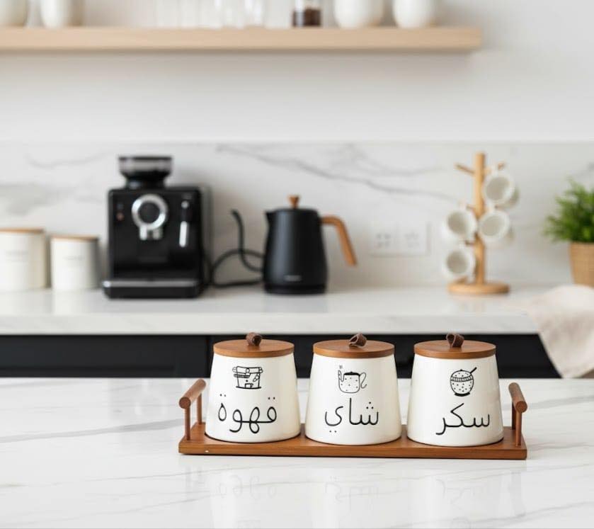 Arabic Ceramic Jar Set – Tea, Coffee & Sugar Storage Containers with Wooden Lids & Tray – 3 Pcs