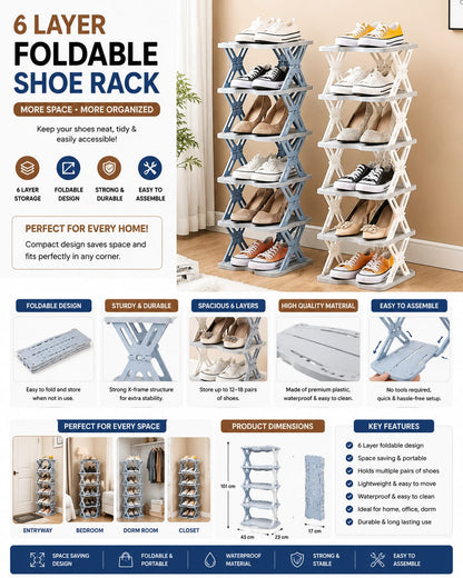 6-Tier Foldable Shoe Rack – Space Saving Shoe Organizer Stand