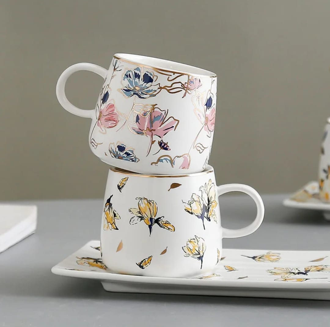 Luxury Floral Ceramic Coffee Mug with Serving Tray – Premium Tea & Coffee Gift Set