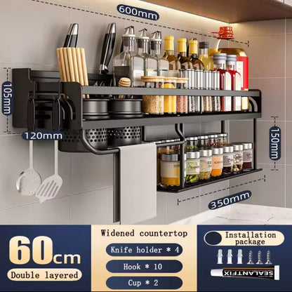 Premium Wall Mounted Kitchen Spice Rack Organizer – Multi-Layer Storage Shelf with Utensil Holder