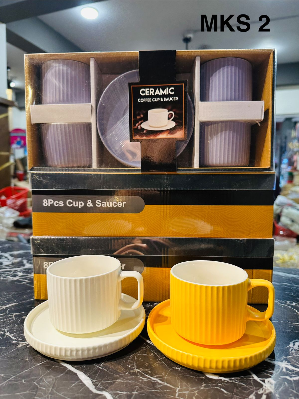 Ribbed Ceramic Coffee Cup & Saucer Set – 8 Pcs