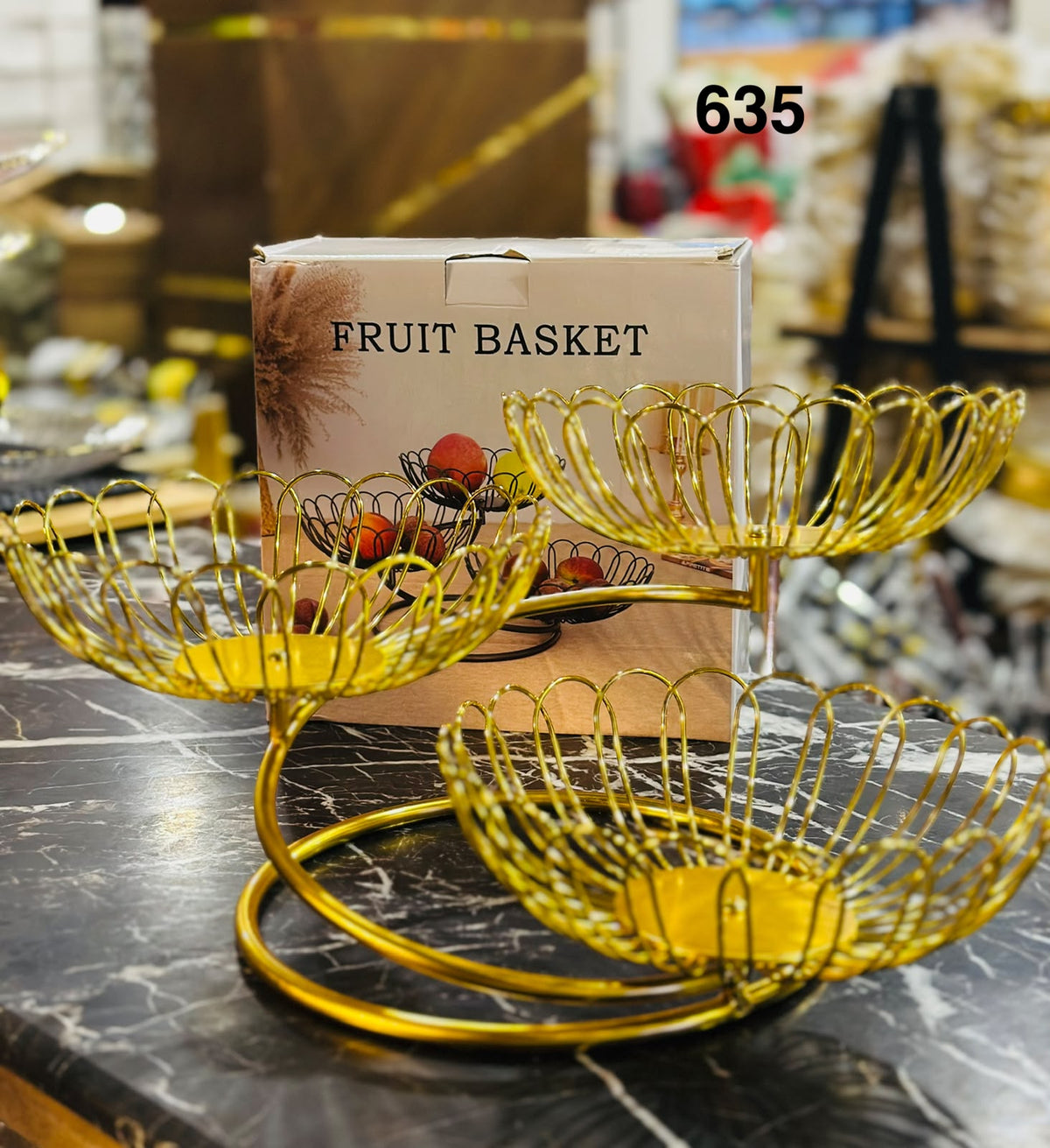 Luxury Golden 3-Tier Fruit Stand with Decorative Open-Wire Baskets
