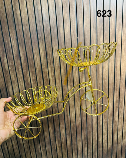 Luxury Golden 2-Tier Tricycle Fruit Stand with Decorative Wire Baskets