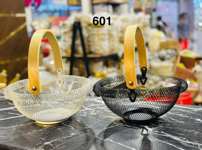 Luxury Mesh Fruit Basket with Wooden Handle Decorative Kitchen Countertop Storage Basket