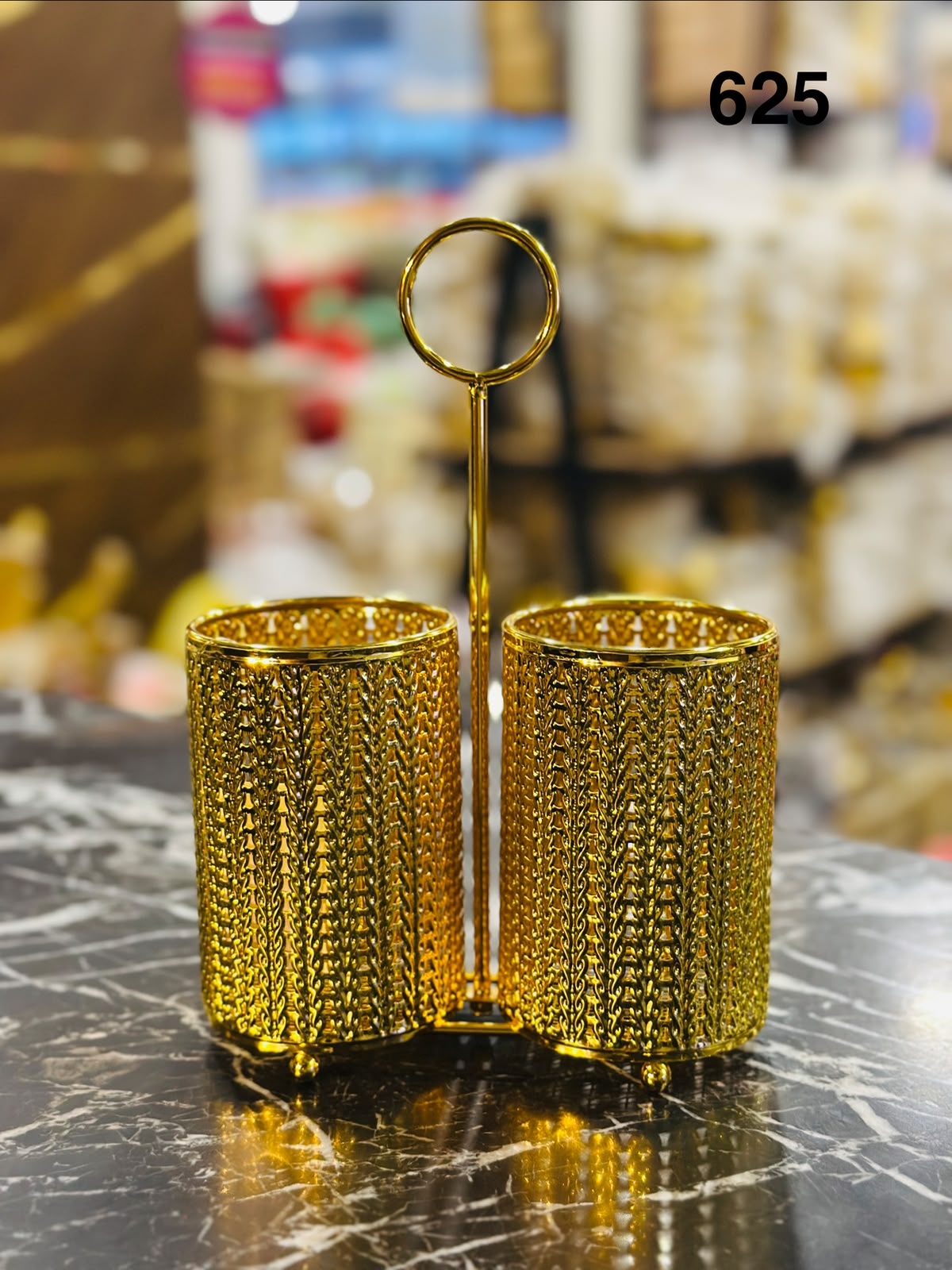 Luxury Golden Double Cutlery Holder with Decorative Design | 2-Compartment Kitchen Organizer