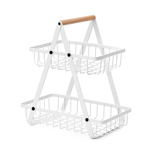 2-Tier Carry & Serve Fruit Basket with Wooden Handle Space Saving Metal Storage Rack