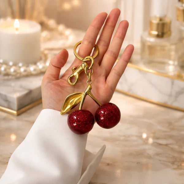 Luxury Sparkling Cherry Keychain – Red Enamel Gold Keyring