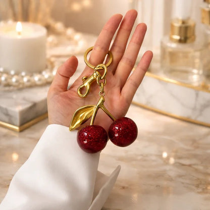 Luxury Sparkling Cherry Keychain – Red Enamel Gold Keyring