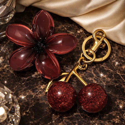 Luxury Sparkling Cherry Keychain – Red Enamel Gold Keyring
