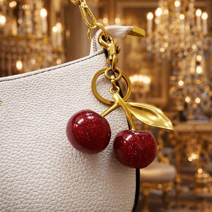 Luxury Sparkling Cherry Keychain – Red Enamel Gold Keyring