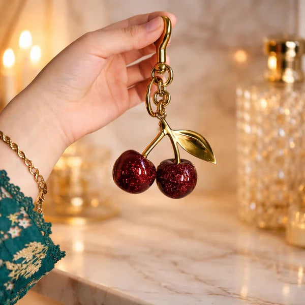 Luxury Sparkling Cherry Keychain – Red Enamel Gold Keyring