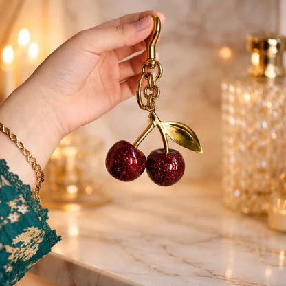 Luxury Sparkling Cherry Keychain – Red Enamel Gold Keyring