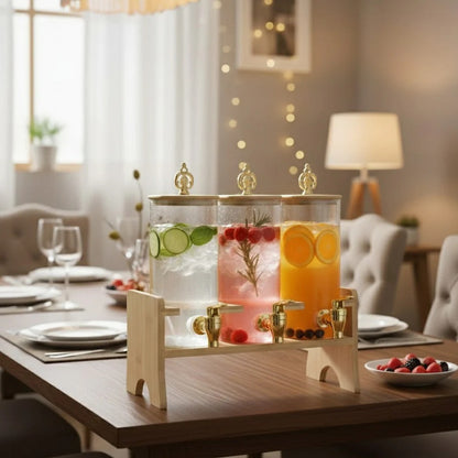 Luxury 3-Tier Glass Beverage Dispenser with Bamboo Stand & Golden Deer Lids