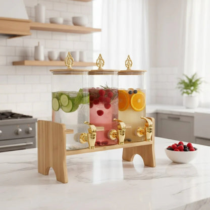 Luxury 3-Tier Glass Beverage Dispenser with Bamboo Stand & Golden Deer Lids