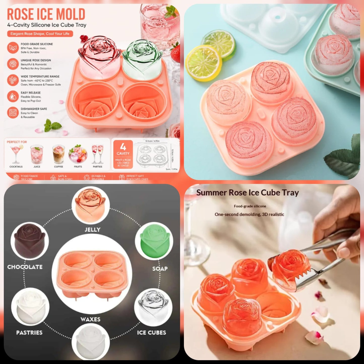 4-Cavity Rose Silicone Mold – Multi-Purpose Ice, Chocolate & Jelly Tray