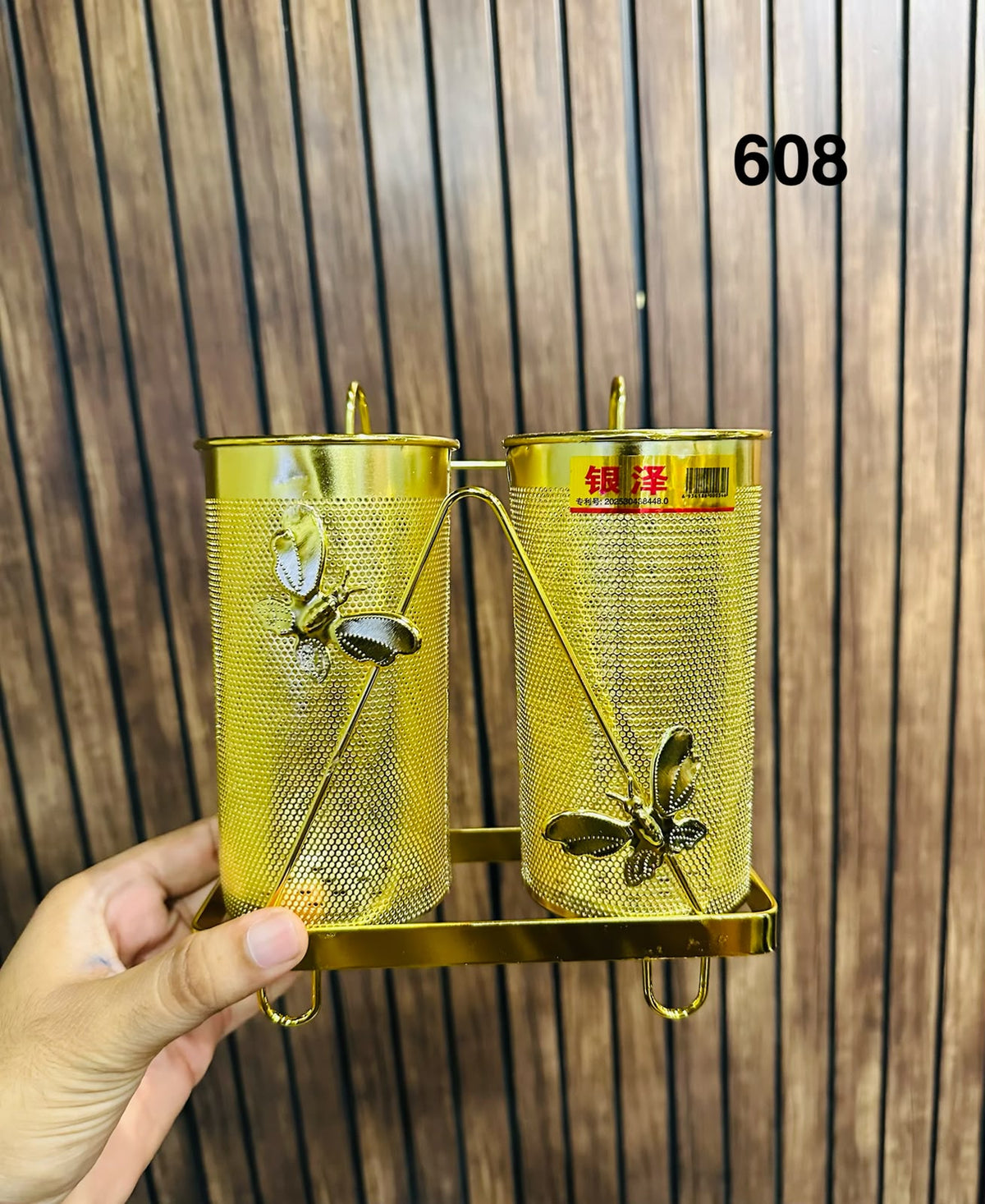 Luxury Golden Double Cutlery Holder with Decorative Butterfly Design