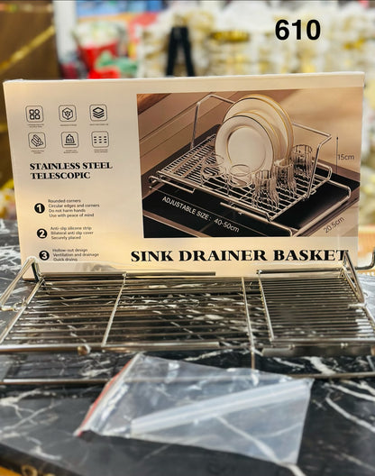 Adjustable Stainless Steel Telescopic Sink Drainer Basket 40–50cm Kitchen Sink Dish Drying Rack