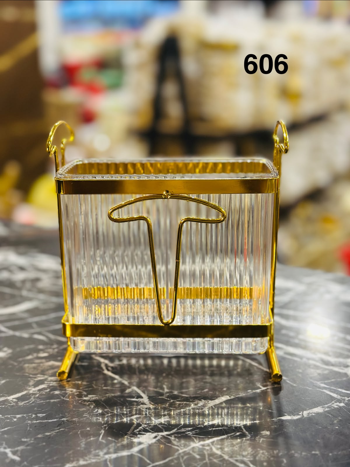 Luxury Golden Acrylic Cutlery Holder with Decorative Front Design