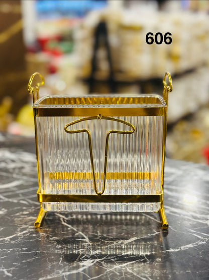 Luxury Golden Acrylic Cutlery Holder with Decorative Front Design