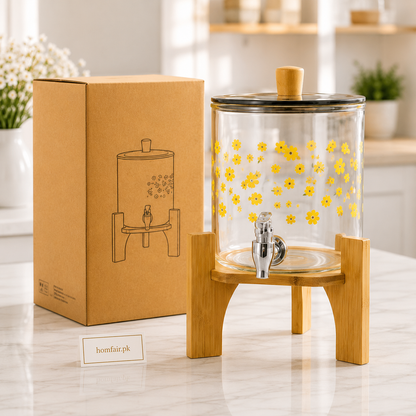 Glass Beverage Dispenser with Wooden Stand & Tap