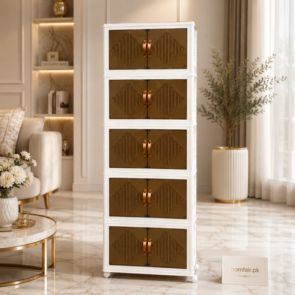 Premium 5-Tier Foldable Storage Cabinet with Double Doors & Wheels