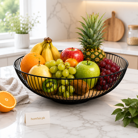 Premium Round Metal Wire Fruit Basket with Wooden Base – Modern Multi-Purpose Storage Bowl