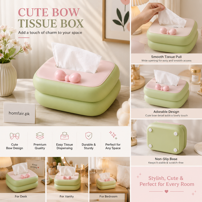Cute Bow Tissue Box Holder – Premium Pastel Decorative Tissue Box for Home & Vanity