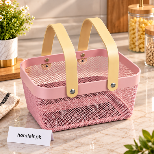 Metal Wire Mesh Basket with Wooden Handle – Premium Storage Basket