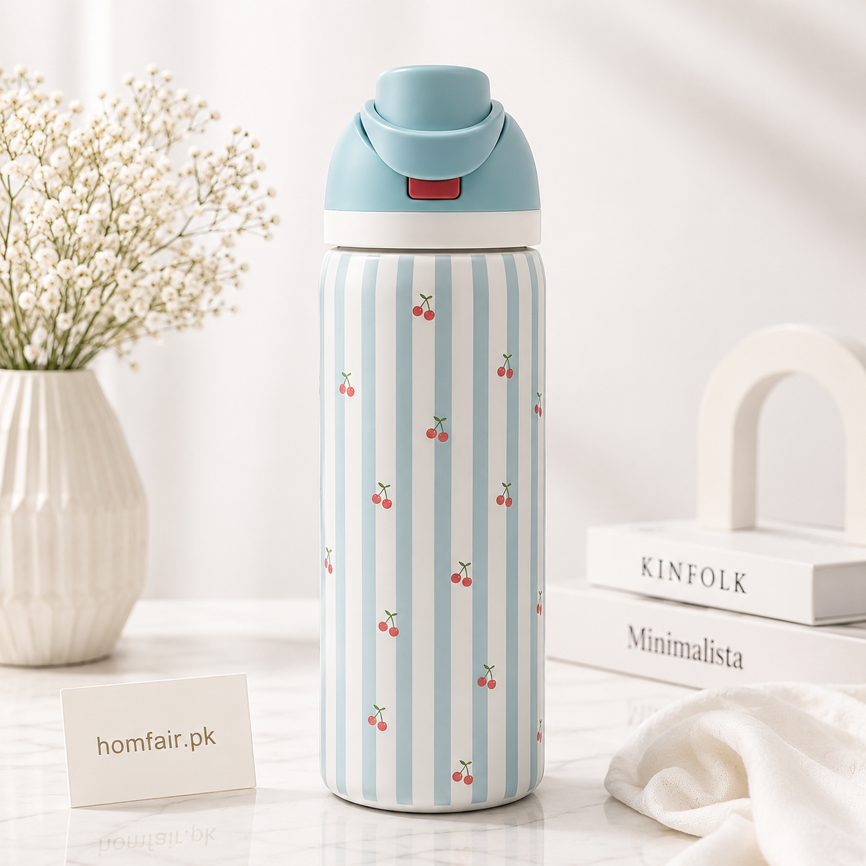 Owala Blue & White Cherry Stripe Water Bottle 32oz with Flip-Top Lid