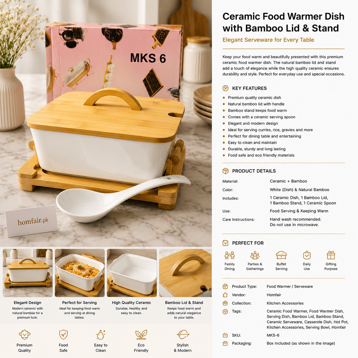 Ceramic Food Warmer Dish with Bamboo Lid & Stand