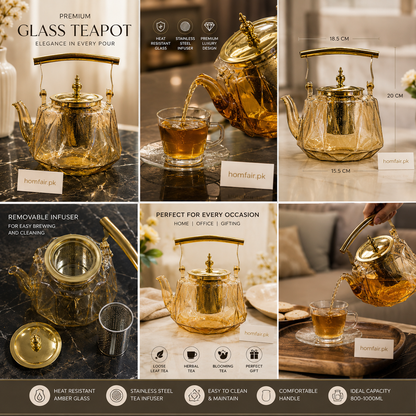 Glass Teapot with Stainless Steel Infuser & Gold Lid – Heat Resistant Tea Kettle