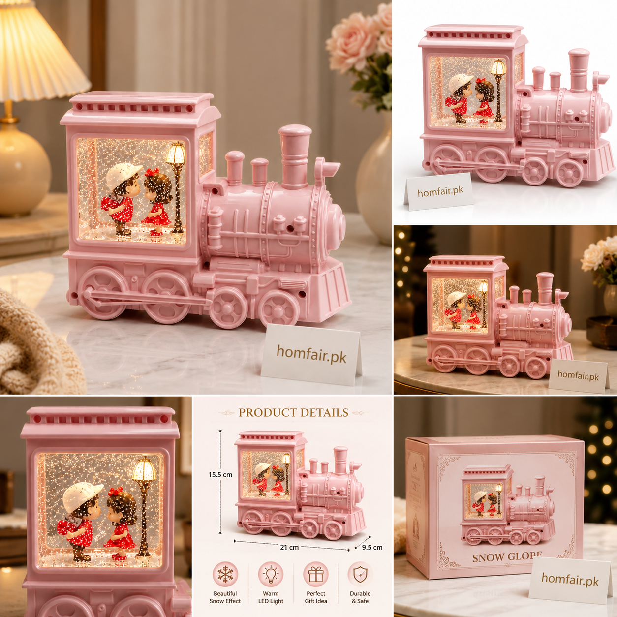Pink Couple Snow Globe Train with LED Light – Romantic Gift Decoration