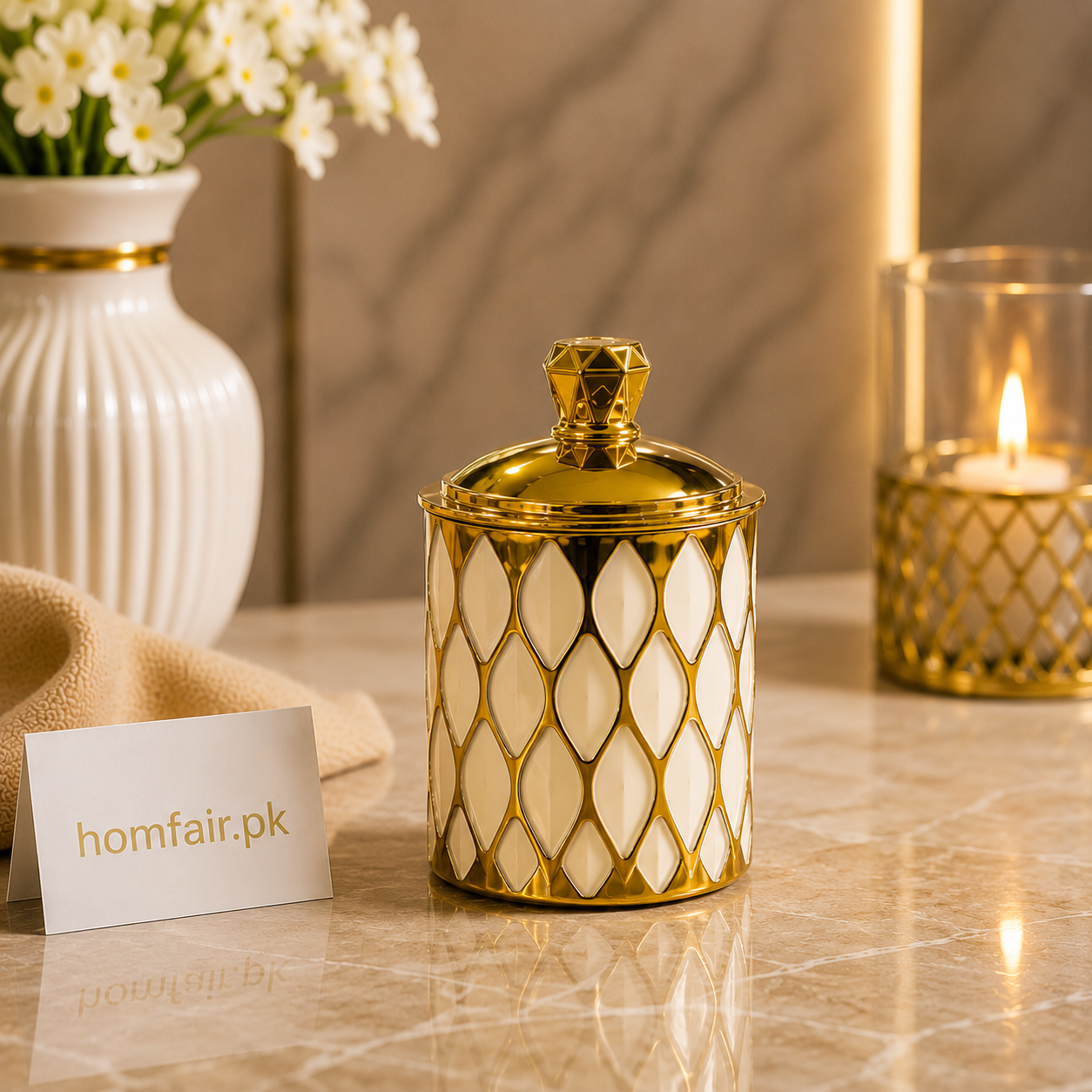 Small Luxury Ceramic Storage Canister with Gold Lid