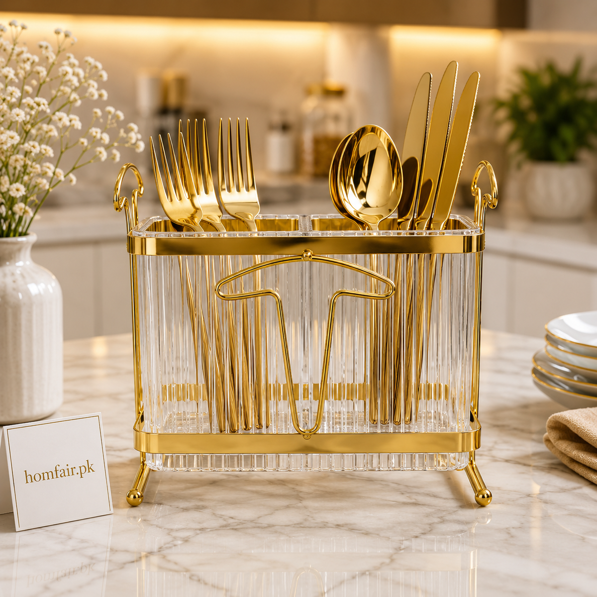 Luxury Golden Acrylic Cutlery Holder with Decorative Front Design