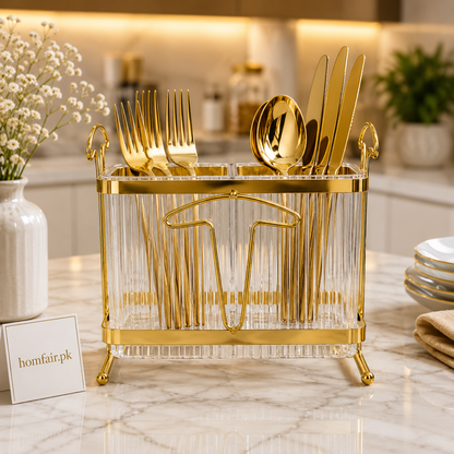 Luxury Golden Acrylic Cutlery Holder with Decorative Front Design