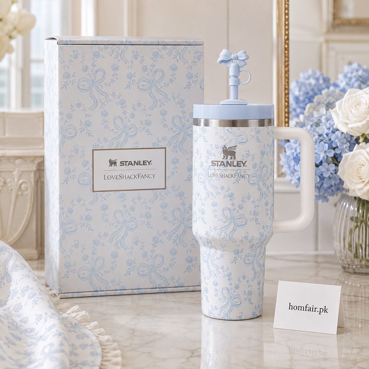 Stanley X LoveShackFancy Blue Ribbon Rosa Quencher H2.0 FlowState Tumbler 40oz Gift Box