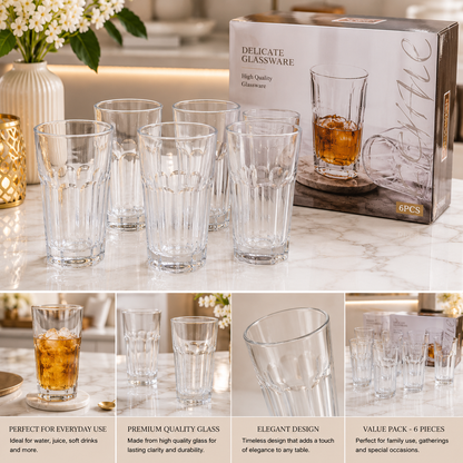Premium 6-Piece Ribbed Clear Drinking Glasses