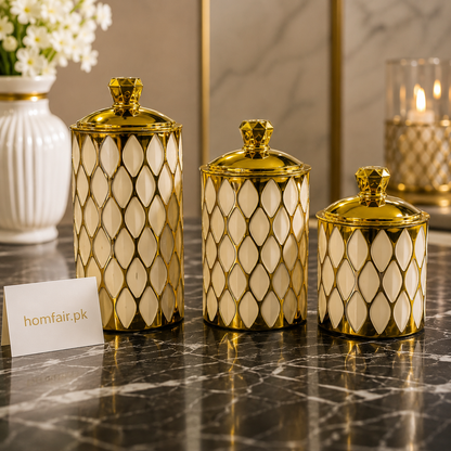 Luxury Honey Comb Design Plastic Storage Canister with Gold Lid