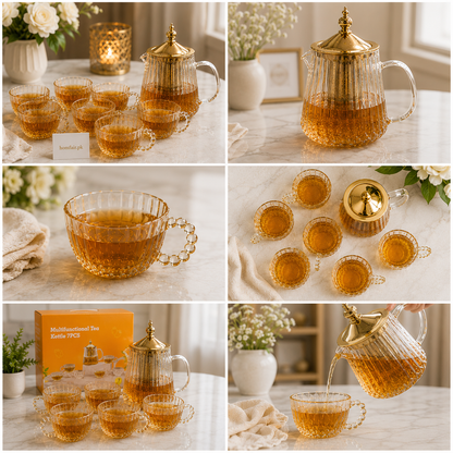 Premium Glass Tea Pot Set with 6 Luxury Tea Cups