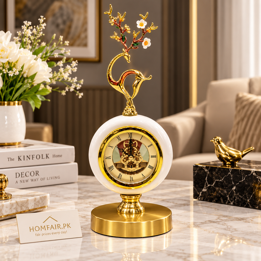 Luxury Floral Gold Table Clock – Elegant Decorative Clock with White Marble-Style Base