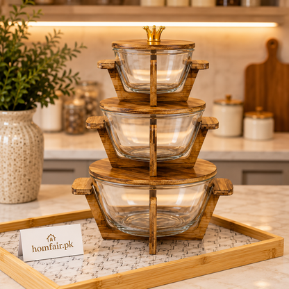 Premium Stackable Glass Bowl with Bamboo Stand & Wooden Lids