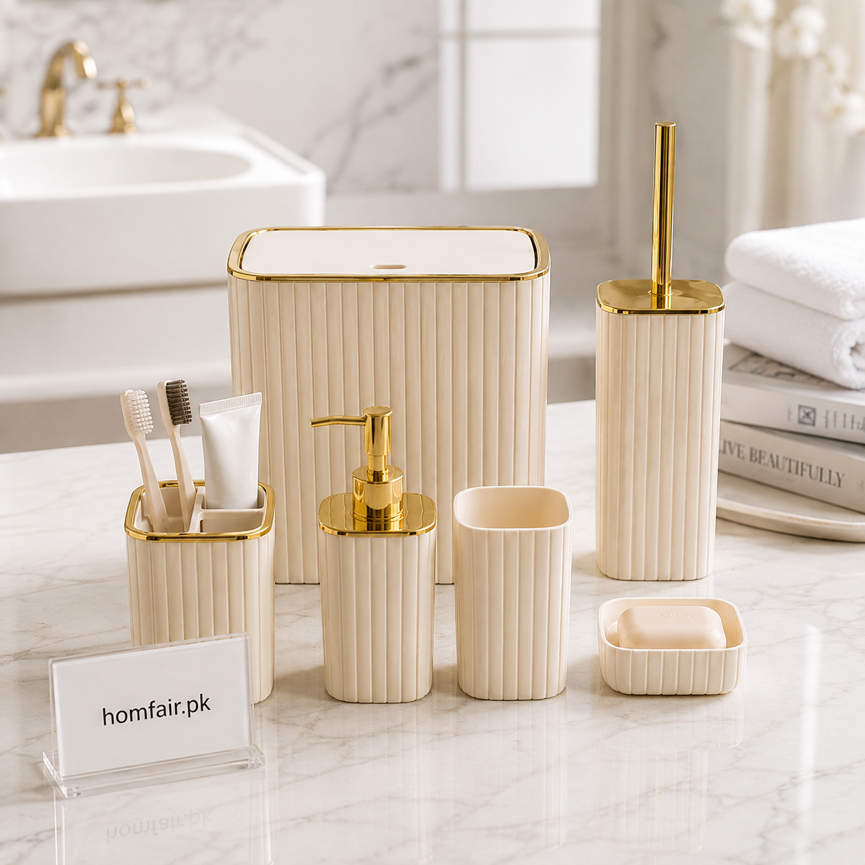 Luxury Bathroom Accessories Set with Gold Finish – 6 Piece Premium Bathroom Organizer Set