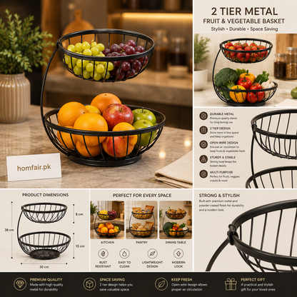 2-Tier Metal Fruit & Vegetable Basket – Modern Countertop Storage Stand