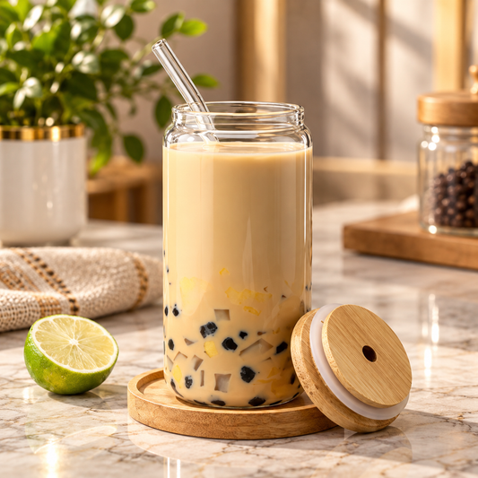 Premium Bamboo Lid Iced Coffee Glass Mug with Straw