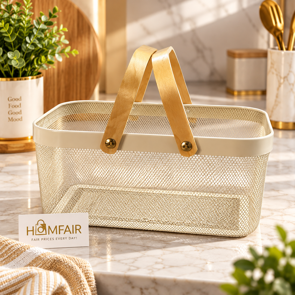 Luxury Mesh Storage Basket with Wooden Handles | Multipurpose Home Organizer