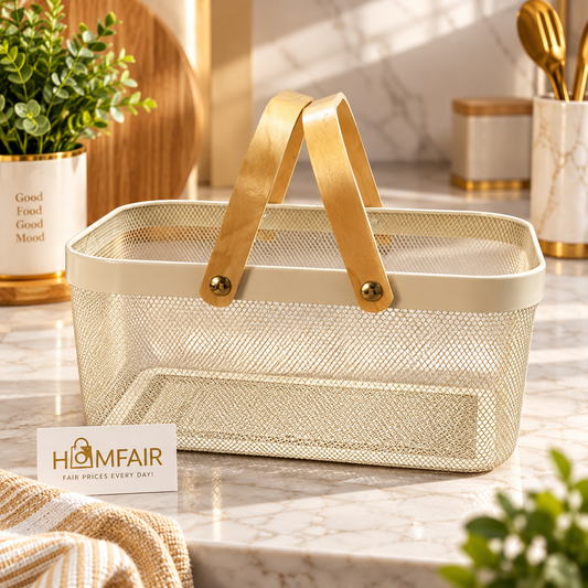 Luxury Mesh Storage Basket with Wooden Handles | Multipurpose Home Organizer