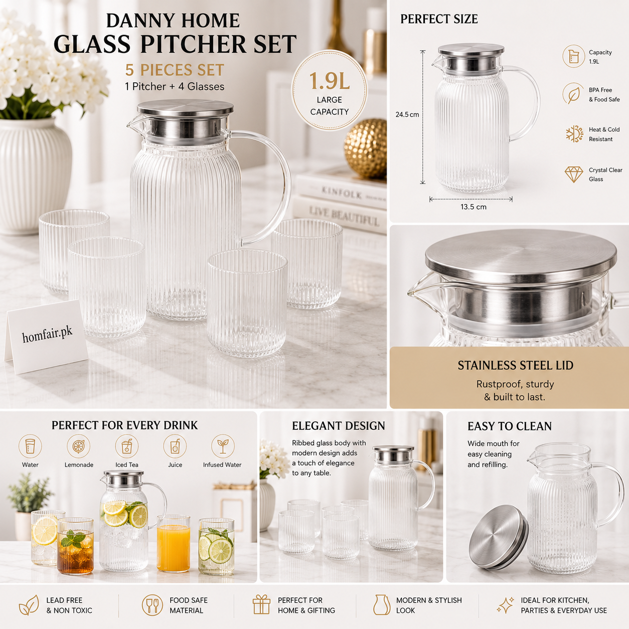 Danny Home 1.9L Glass Pitcher Set with 4 Glasses