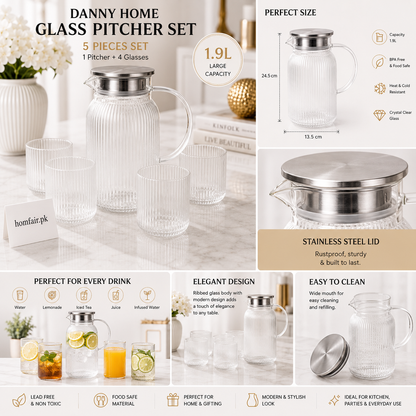 Danny Home 1.9L Glass Pitcher Set with 4 Glasses