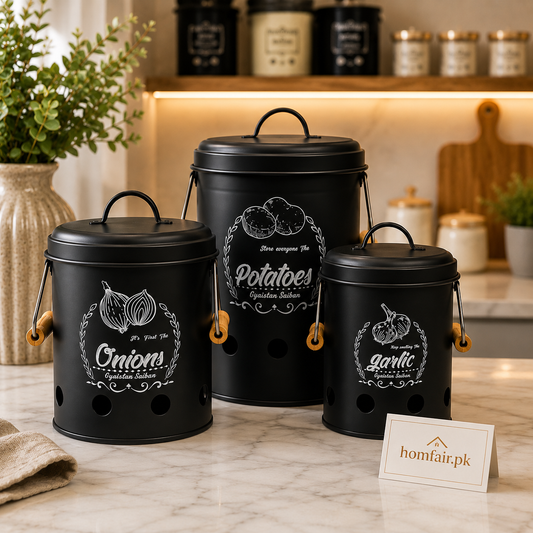3-Piece Metal Vegetable Storage Canister Set | Onion, Potato & Garlic Storage Bins